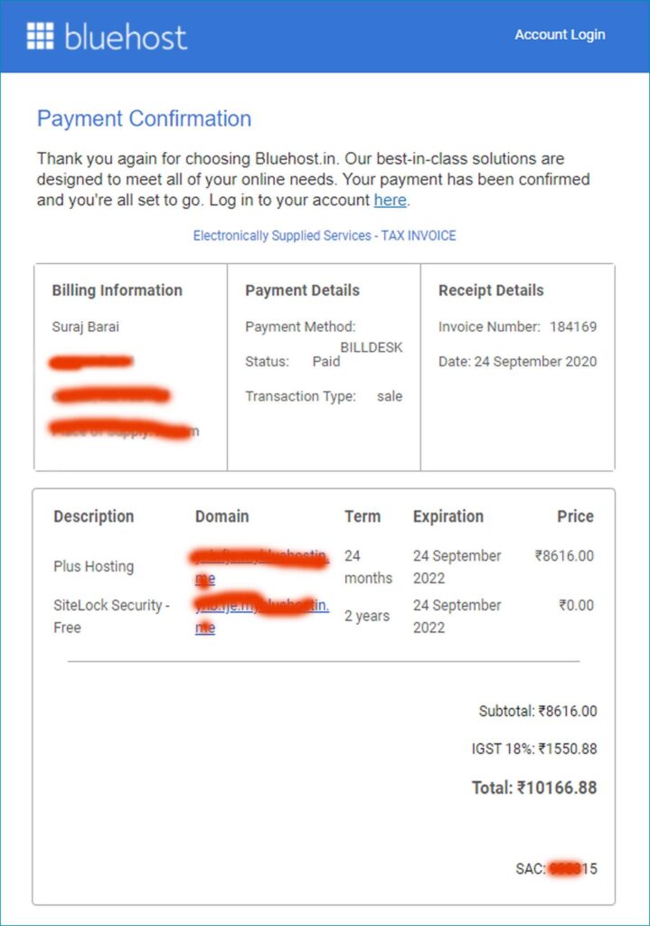 bluehost invoice